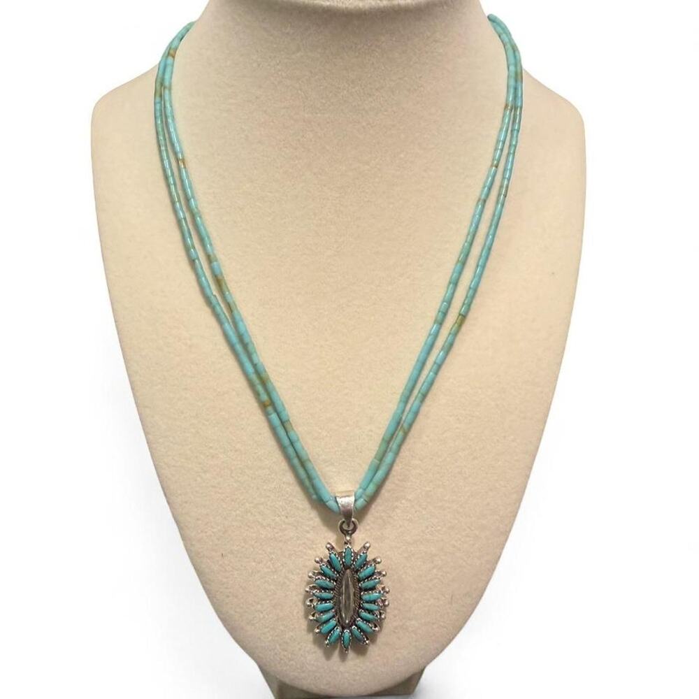Sterling Silver Turquoise Needlepoint Style Flower Turquoise Bead Necklace